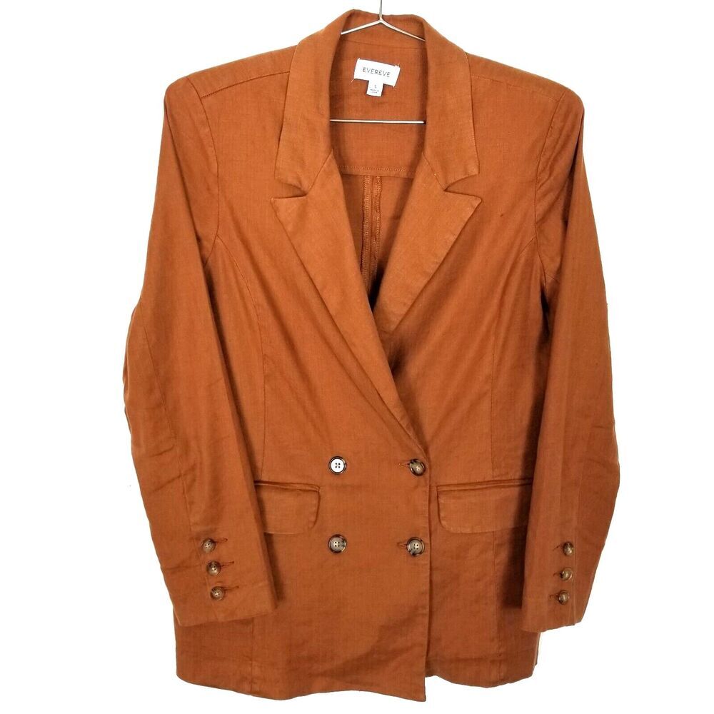 Evereve Women  Alexa Double Breasted Linen Blend Blazer Sz S Brown Casual Preppy